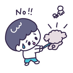 吠えている犬のリードを持って困惑顔の飼い主のかわいい男の子のイラスト