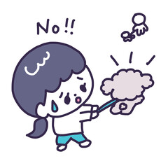 吠えている犬のリードを持って困惑顔の飼い主のかわいい女の子のイラスト