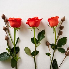 Red rose flowers stems and leaves. In a row. Isolated on white background. View from above. Flat lay. View top.,rose, flower, red, isolated, love, nature, leaf, valentine, beauty, 
