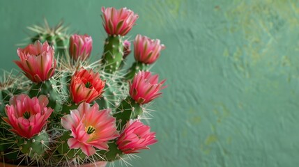 Blooming Cactus with Vibrant Pink Flowers Against Green Background