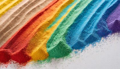 Close up of stripes of rainbow coloured sand and copy space on white background