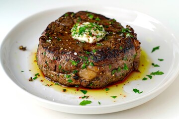 Aromatic Garlic-Herb Butter Sirloin Steak on Pristine White Plate