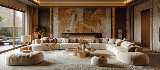 Luxurious and Modern Marble Accented Living Room Epitomizing Comfort and Elegance