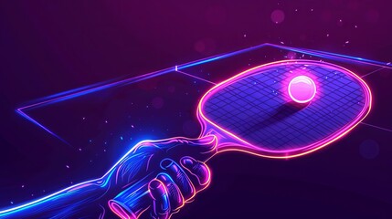 A neon vector illustration depicts a hand holding a ping pong racket and striking a ball.