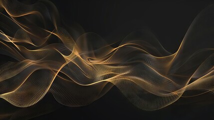 A minimalist composition of thin, elegant lines in gold, weaving into intricate wavelike patterns on a dark background
