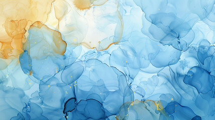 Pale blue and rich yellow alcohol ink abstract, with detailed oil paint textures.