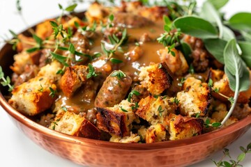 Buttery Bread Cubes Soaking up Savory Essence in Air Fryer Sausage Stuffing