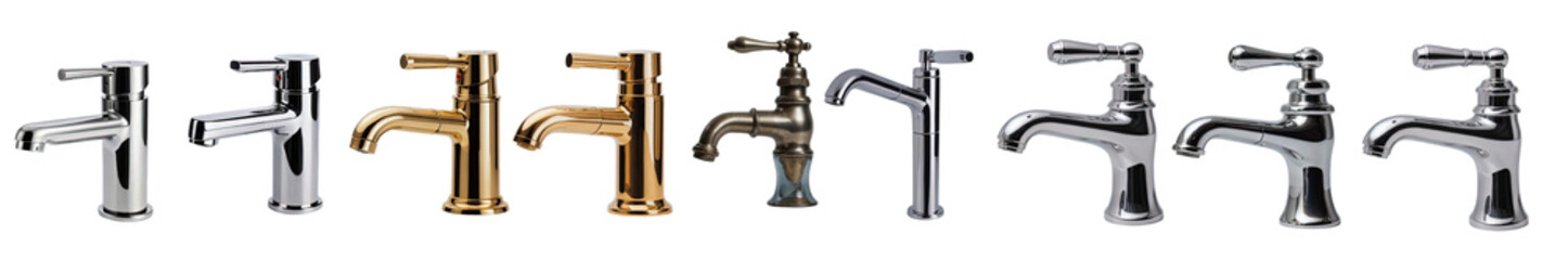 Set of faucets: a variety of faucets in different sizes, colours, models, and styles; both modern and vintage; transparent PNG