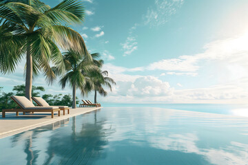 An infinity pool with loungers, surrounded by palm trees overlooking a clear blue ocean, embodying a luxurious tropical getaway