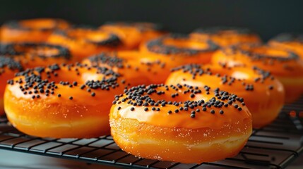 Freshly Baked Orange Glazed Donuts Sprinkled with Black Sesame Seeds