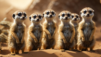 A group of seven meerkats standing on the sand and looking at the camera.  