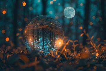 A nighttime landscape with a crystal ball reflecting the moon and a bokeh effect in the trees