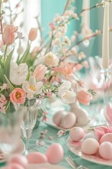 Pastel Easter Table Setting with Spring Flowers and Eggs