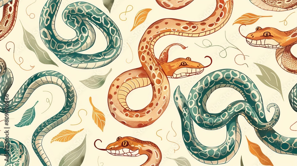 Poster a seamless vector hand-drawn pattern featuring snakes.