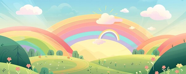 A pastel rainbow arcing over a whimsical landscape, with rolling green hills and fluffy clouds