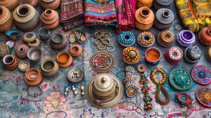 Colorful Traditional Handicrafts and Ethnic Jewelry at a Market