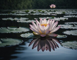 A lotus flower outline floating on tranquil waters.
