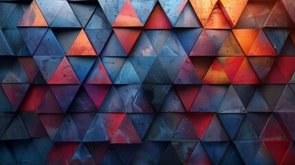 A background of triangles in various shades of blue, red and purple, creating an abstract pattern with geometric shapes