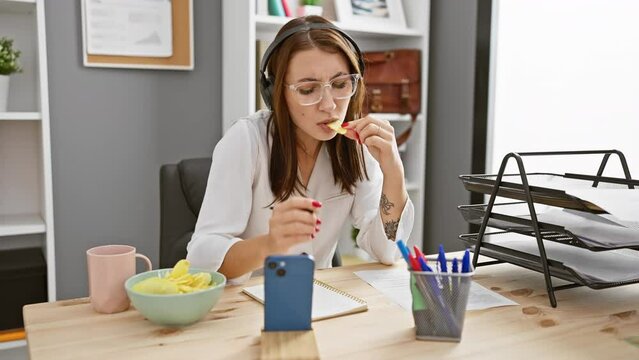 Focused young woman in headphones eating snacks while working at a cluttered office desk