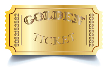 Golden ticket. Realistic golden show ticket. Old premium cinema entrance tickets. Gold admission to movie theater or amusement shows vector set.