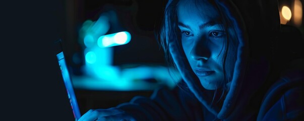 A portrait of a person using a laptop in Dark Mode, their face illuminated by the screens cool blue light