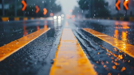 Rainy Street with Reflective Markings