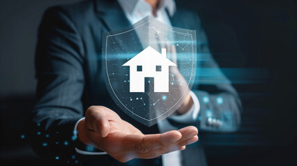 Digital house protection hologram in businessman's hand, concept of home insurance, technology for home safety, house security.