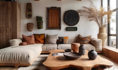 Boho nomadic interior design of modern living room, home.