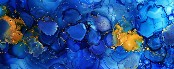 Sapphire blue and lemon yellow alcohol ink art, with a luxurious textured oil paint effect.