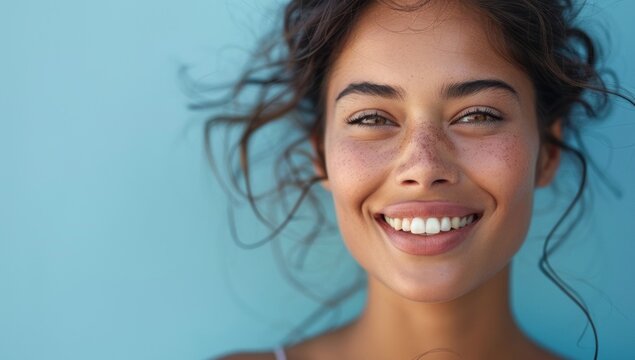 Frame the expression of sheer joy on a satisfied customer's face against a backdrop of serene blue, each detail captured in stunning high-definition.