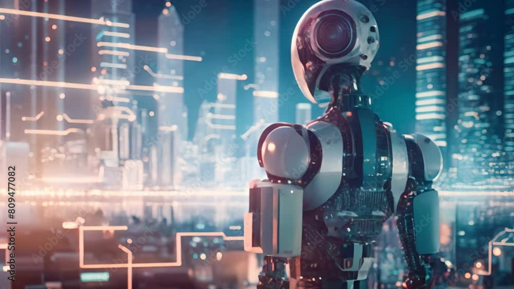 Poster smart city with robot system artificial intelligence , chatbot ai , chatting with a smart ai or arti
