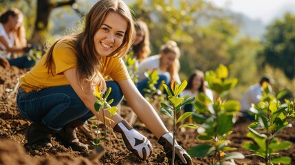 Smiling young volunteers planting trees for environmental conservation on International Youth Day