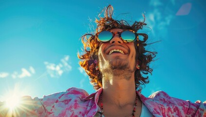 Highlight the exuberant gesture of a happy customer against a backdrop of clear blue skies, their satisfaction captured in exquisite detail.