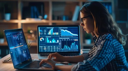 A researcher comparing market insights from two laptops side by side, each showing distinct data visualizations