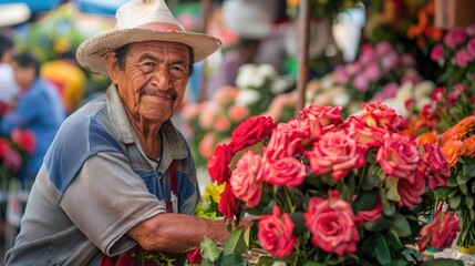 street vendor selling fragrant roses and bouquets at Feria de las Flores markets
