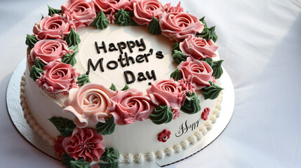 Elegant cake decorated with marzipan roses and "Happy Mother's Day" inscription on white.