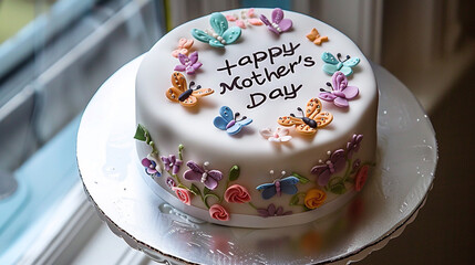 Delicate mini cake with fondant butterflies and "Happy Mother's Day" message.