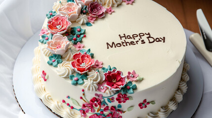 Heavenly cake adorned with sugar flowers and "Happy Mother's Day" message on white.