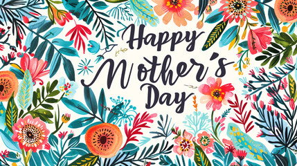 Floral-themed Mother's Day card bursting with vibrant colors and intricate botanical illustrations, alongside "Happy Mother's Day" in joyful script.