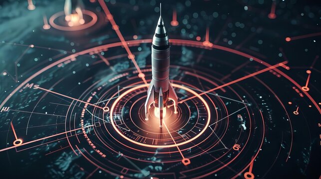 A rocket launchpad representing the starting point, with checkpoints marking milestones in orbit around the final vision