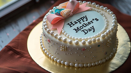 Mini cake with pearls, ribbons, and "Happy Mother's Day" message.