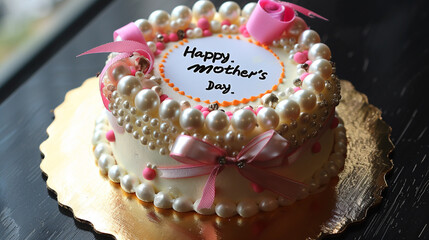 Mini cake with pearls, ribbons, and "Happy Mother's Day" message.