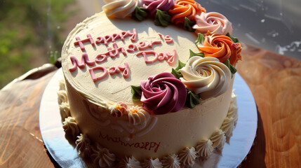 Small cake featuring buttercream roses and "Happy Mother's Day" in frosting.