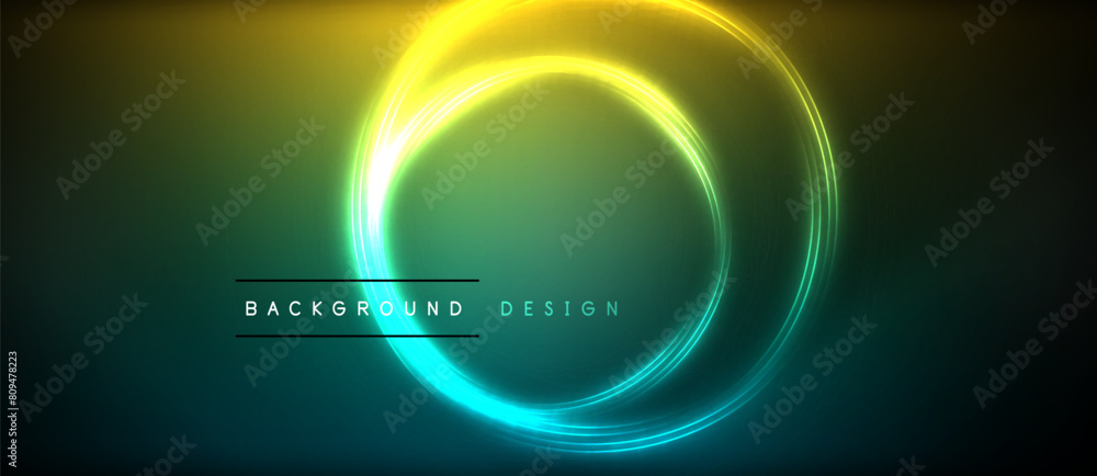 Poster sky filled with glowing neon circles reminiscent of astronomical objects on a dark background. visua