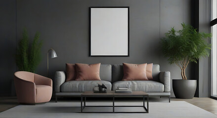 Mock up frame in home interior background, beige room with minimal decor