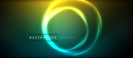 Sky filled with glowing neon circles reminiscent of astronomical objects on a dark background. Visual effect lighting creates electric blue circles with lens flare, creating an artful display