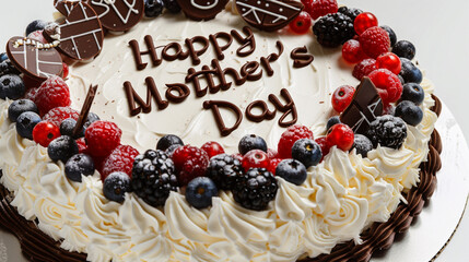 Whipped cream and berries cake with "Happy Mother's Day" written in chocolate on white background.