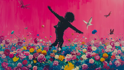 black silhouette of a dancing woman on a bunch of flowers flying all over on a pink background