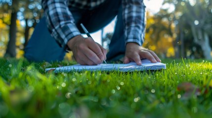 Designer sketching on a pad in a quiet park, early morning dew, simple, clean lines, cool grey and blue palette
