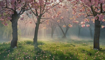 A spring landscape showing a grove of blossoming cherry trees under a soft morning mist